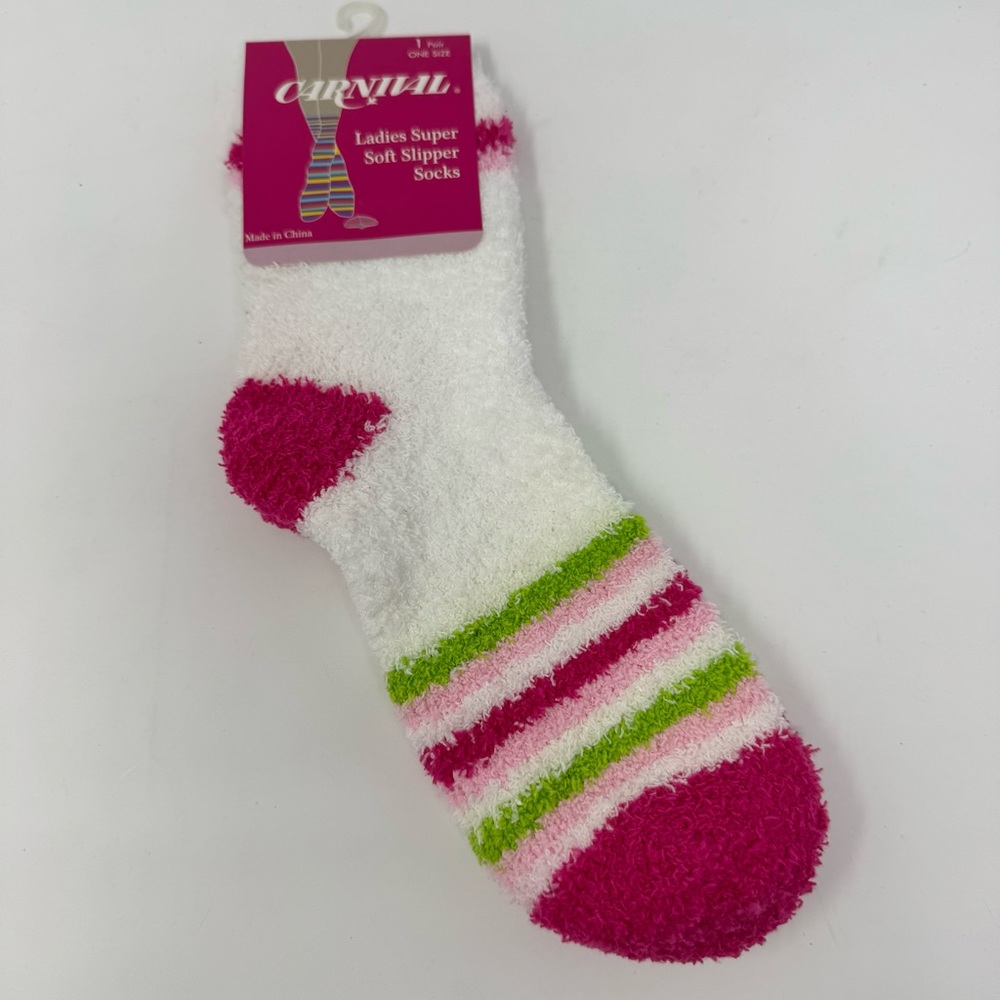 Carnival Ladies Super Soft Slipper Socks Green and Pink Stripes One Size NEW